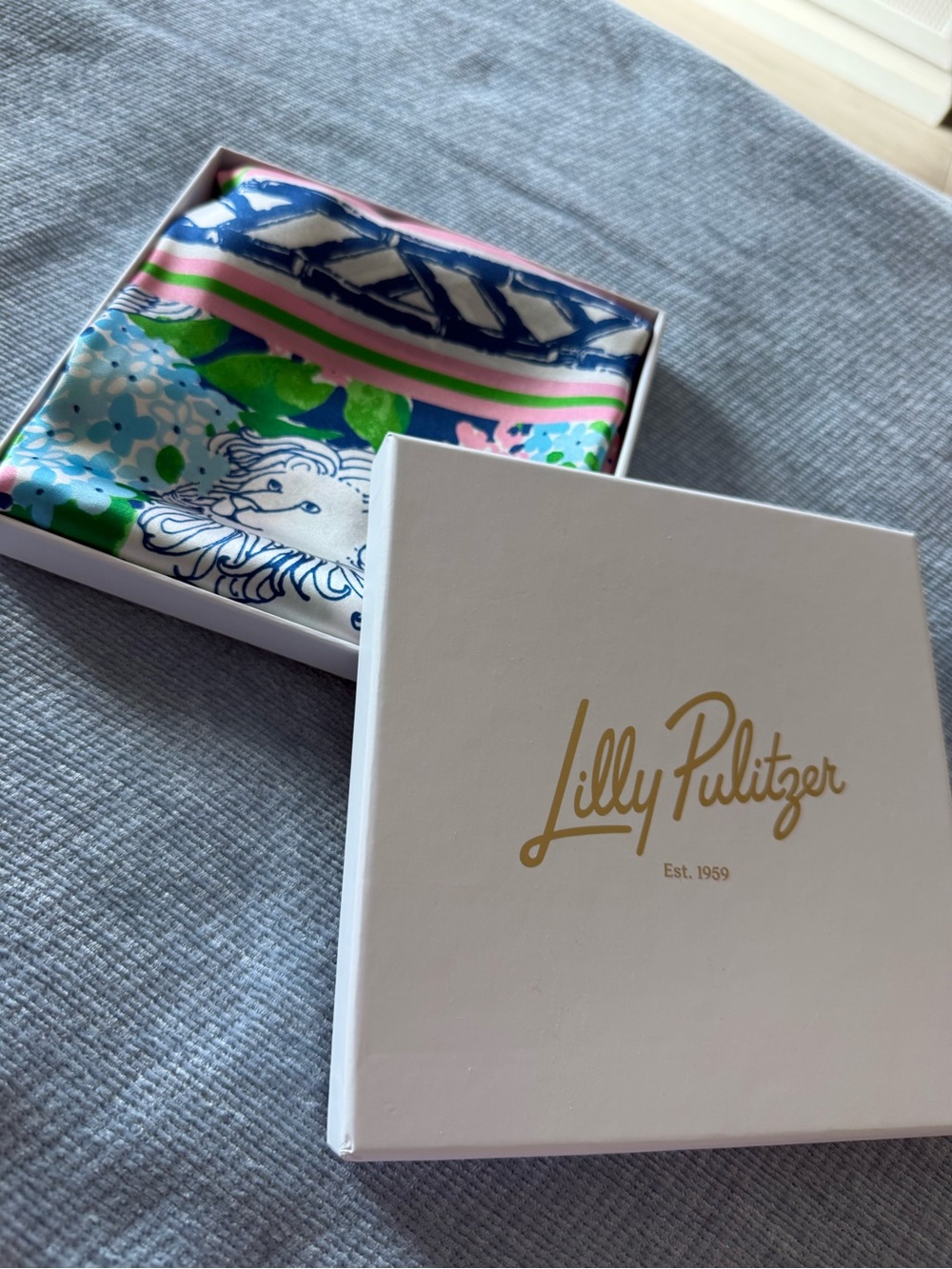 Lilly Pulitzer Pink, Blue & Green Floral Silk Scarf w/ Signature Lion Scarf Ring